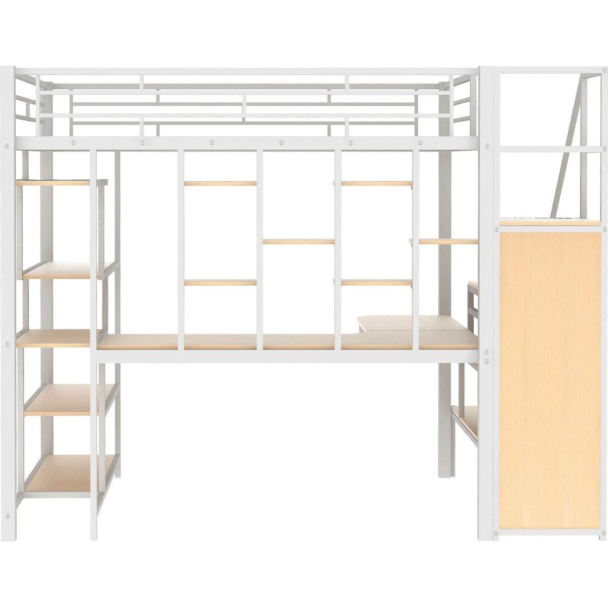 Full Size Metal Loft Bed with Storage Staircase and Small Wardrobe, Built-in Desk and Storage Shelves, White