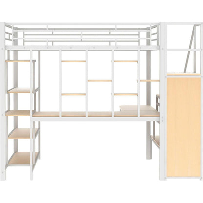 Full Size Metal Loft Bed with Storage Staircase and Small Wardrobe, Built-in Desk and Storage Shelves, White