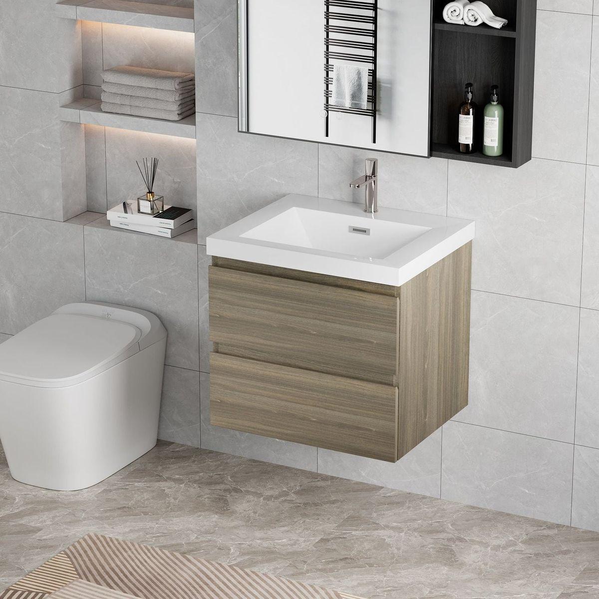 30" Floating Bathroom Vanity with Sink, Modern Wall-Mounted Bathroom Storage Vanity Cabinet with Resin Top Basin and Soft Close Drawers, Ash Grey