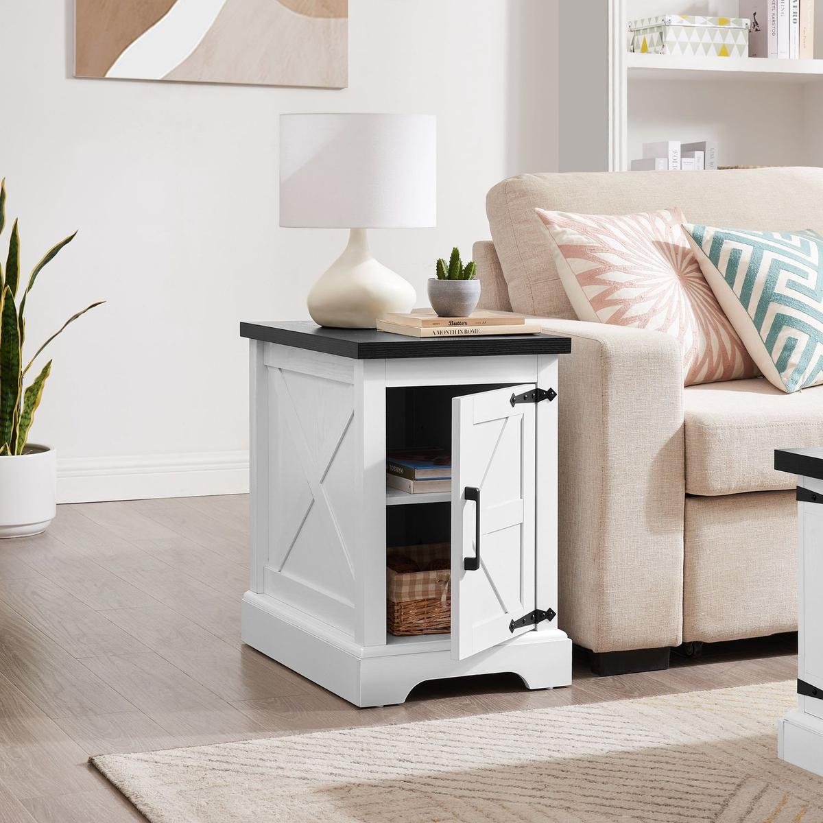 Farmhouse end table Nightstand Rectangular Farmhouse End Table with Barn Door and Adjustable Storage Shelf, Rustic Sofa Side Table for Living Room, Bedroom, White