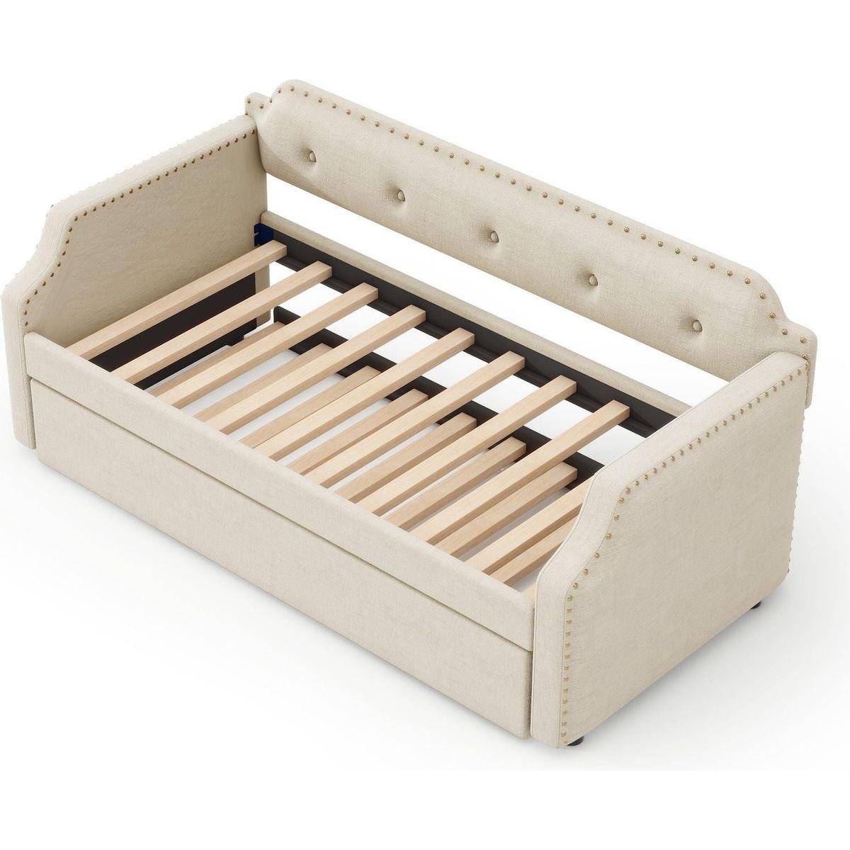 Upholstered Daybed with Trundle, Wood Slat Support,Upholstered Frame Sofa Bed, Twin, Beige