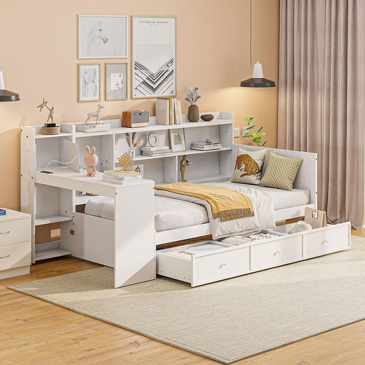 Twin Size Wooden Daybed With 3 Drawers, USB Ports and desk , White