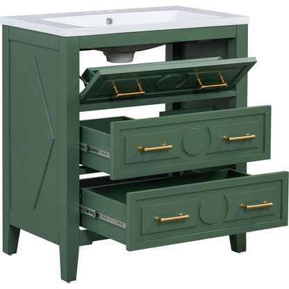 30" Bathroom Vanity with Resin Sink Combo, Free Standing Single Vanity Set with 3 Drawers, Solid Wood Frame Bathroom Storage Cabinet, Green