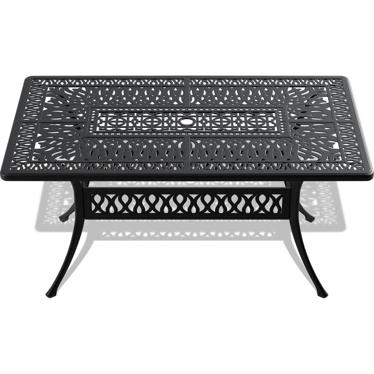 L58.27xW34.65-inch Cast Aluminum Patio Dining Table With Black Frame and Umbrella Hole