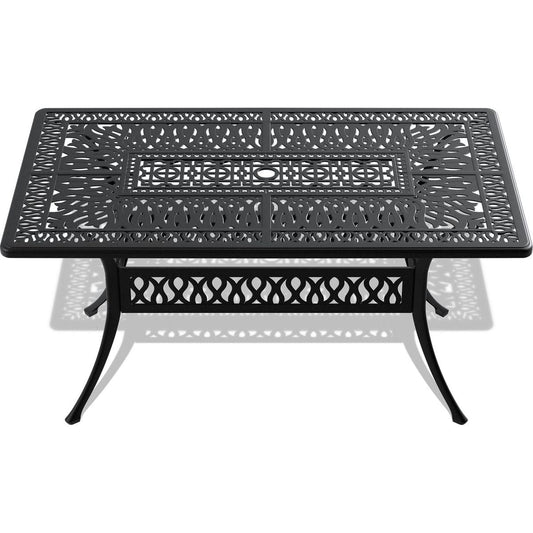 L58.27xW34.65-inch Cast Aluminum Patio Dining Table With Black Frame and Umbrella Hole