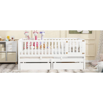 Full Size Wood Daybed with Fence Guardrails and 2 Drawers, Split into Independent Floor Bed & Daybed, White