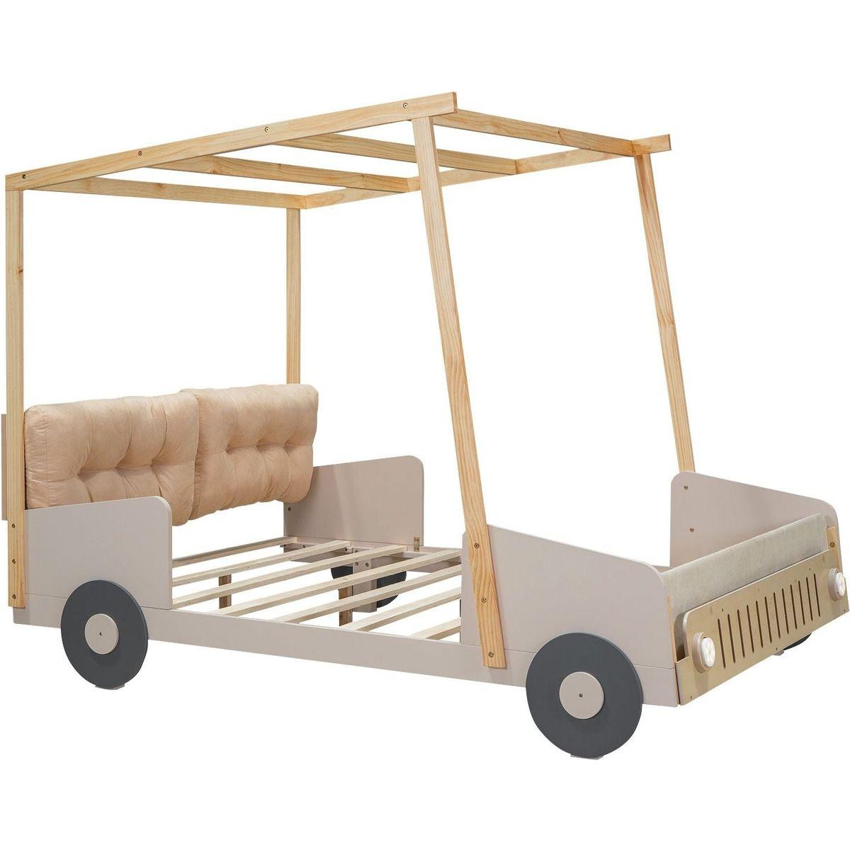 Wood Full Size Car Bed with Pillow, Ceiling Cloth and LED, Natural