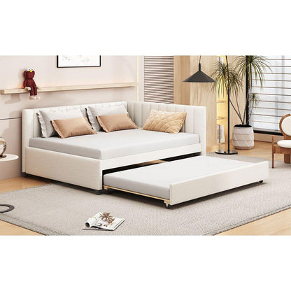 Full Size Upholstered Daybed with Trundle Sofa Bed Frame No Box Spring Needed, Linen Fabric(Beige)