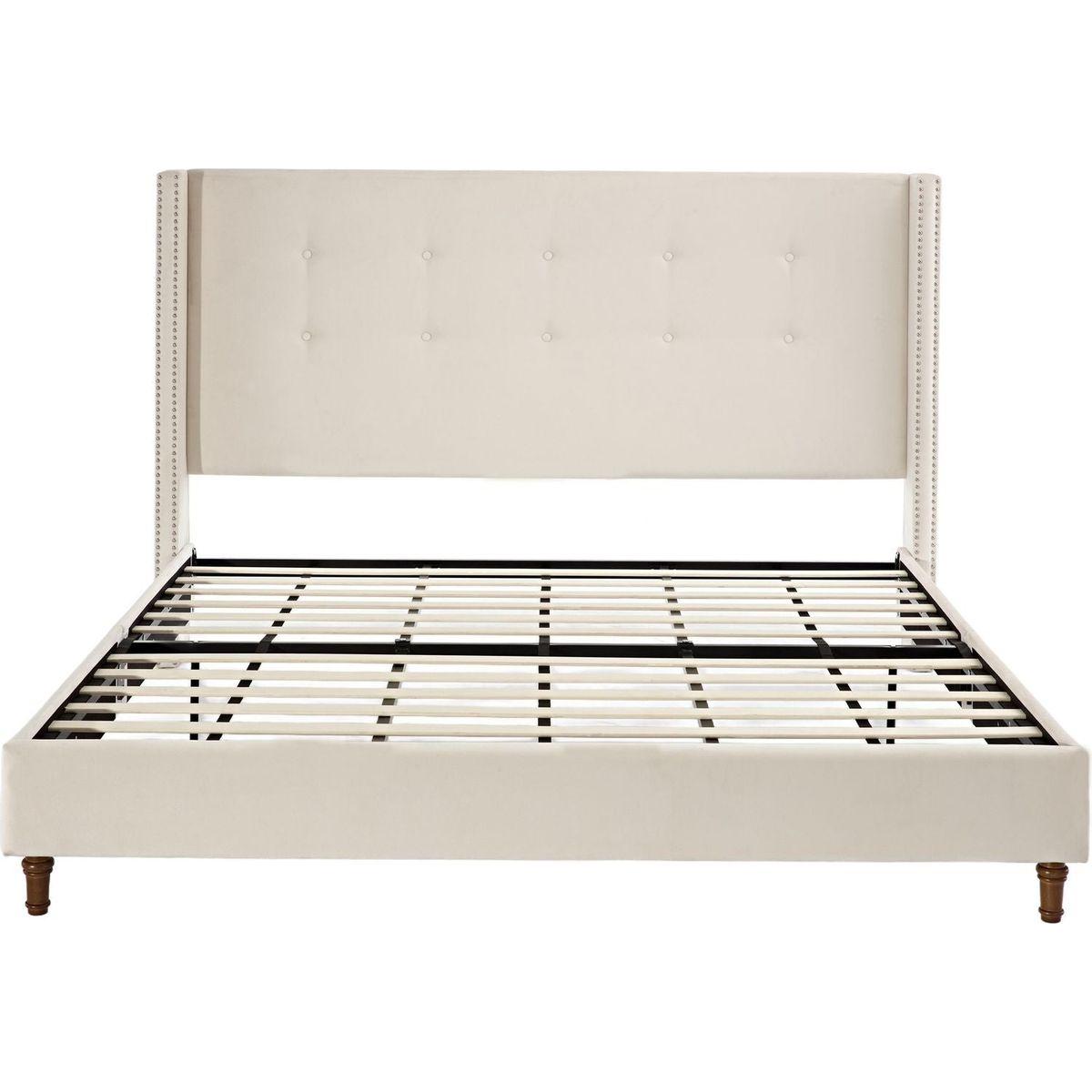 Upholstered King Bed / 54" High Headboard / Traditional Hand Buttoned Tufting / Nailhead Trim Wingback / No Box Spring Needed / Easy Assembly / Ivory Velvet