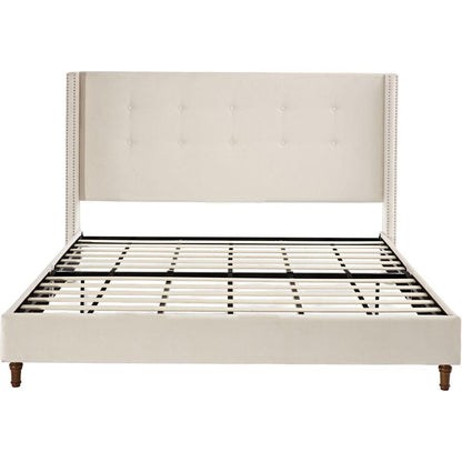 Upholstered King Bed / 54" High Headboard / Traditional Hand Buttoned Tufting / Nailhead Trim Wingback / No Box Spring Needed / Easy Assembly / Ivory Velvet