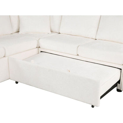 112.2" Sectional Sofa Pull-out Sofa Bed Sleeper with a Storage Ottoman,Three Pillows and Charging Devices for Living Room, Cream