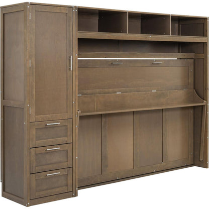 Full Size Murphy Bed with Wardrobe, Drawers and Open Shelves, Antique Grey