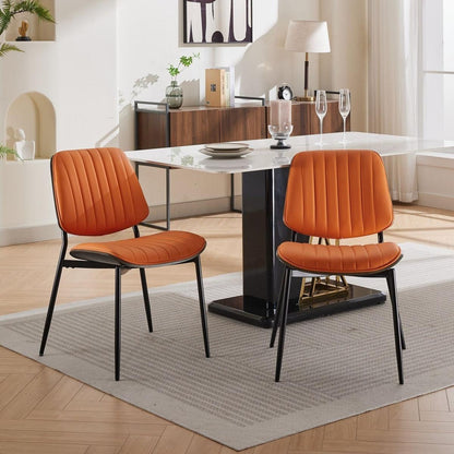 Dining Chairs Set of 2 Mid Century Modern Retro Faux Leather Chair with Walnut Bentwood Back Upholstered Seat Metal Legs Adjustable Foot for Kitchen Dining Room Chairs(Orange PU)