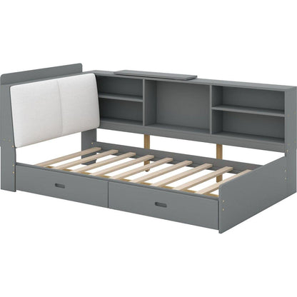 Wood Twin Size platform bed with Storage Headboard, Shelves and 2 Drawers, Gray