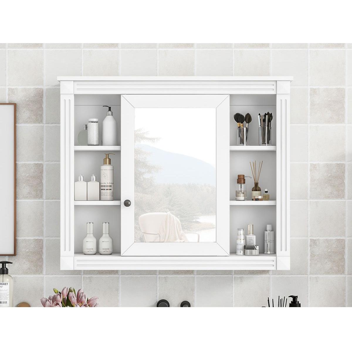 35" x 28" Wall Mounted Bathroom Storage Cabinet, Medicine Cabinet, Modern Bathroom Wall Cabinet with Mirror, Mirror Cabinet with 6 Open Shelves (Not Include Bathroom Vanity)