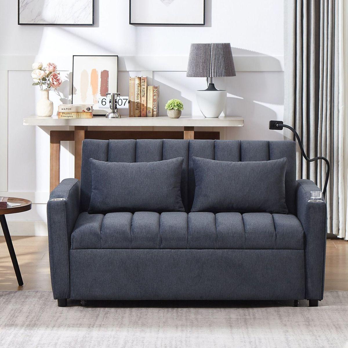 55.9" Convertible Sofa Bed Loveseat Sofa with Three USB Ports, Two Side Pockets, Two Cup Holders and 360Swivel Phone Holder for Living Room, Blue Grey
