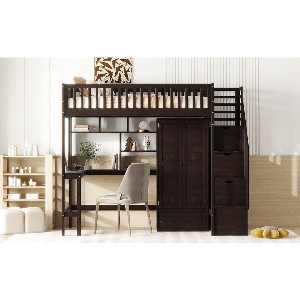 Twin size Loft Bed with Bookshelf,Drawers,Desk,and Wardrobe-Espresso