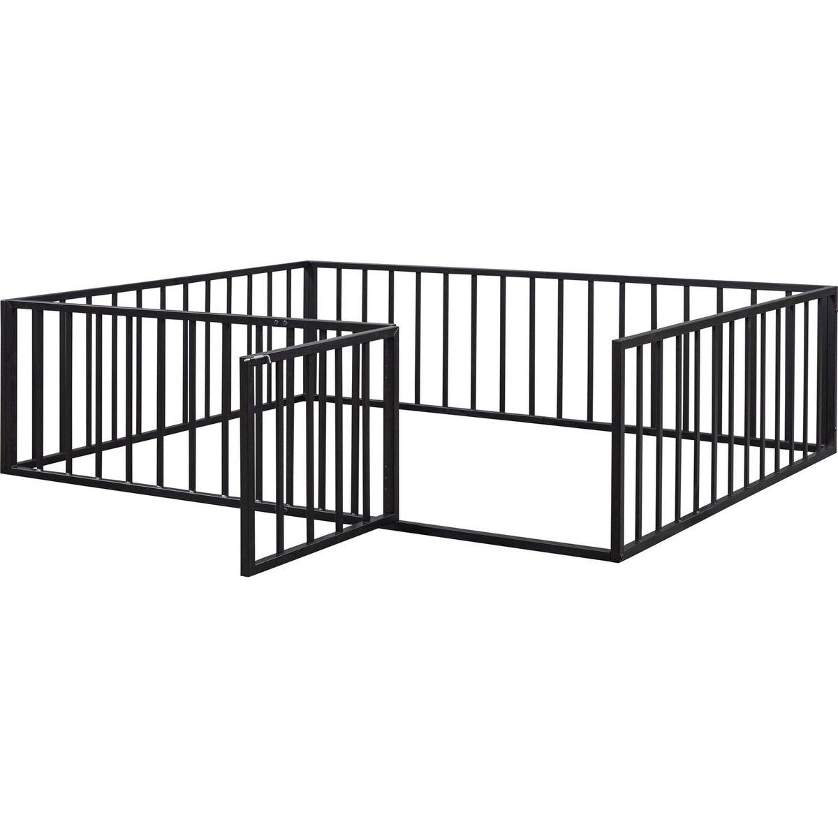 Queen Size Metal Floor Bed Frame with Fence and Door, Black