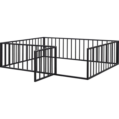 Queen Size Metal Floor Bed Frame with Fence and Door, Black