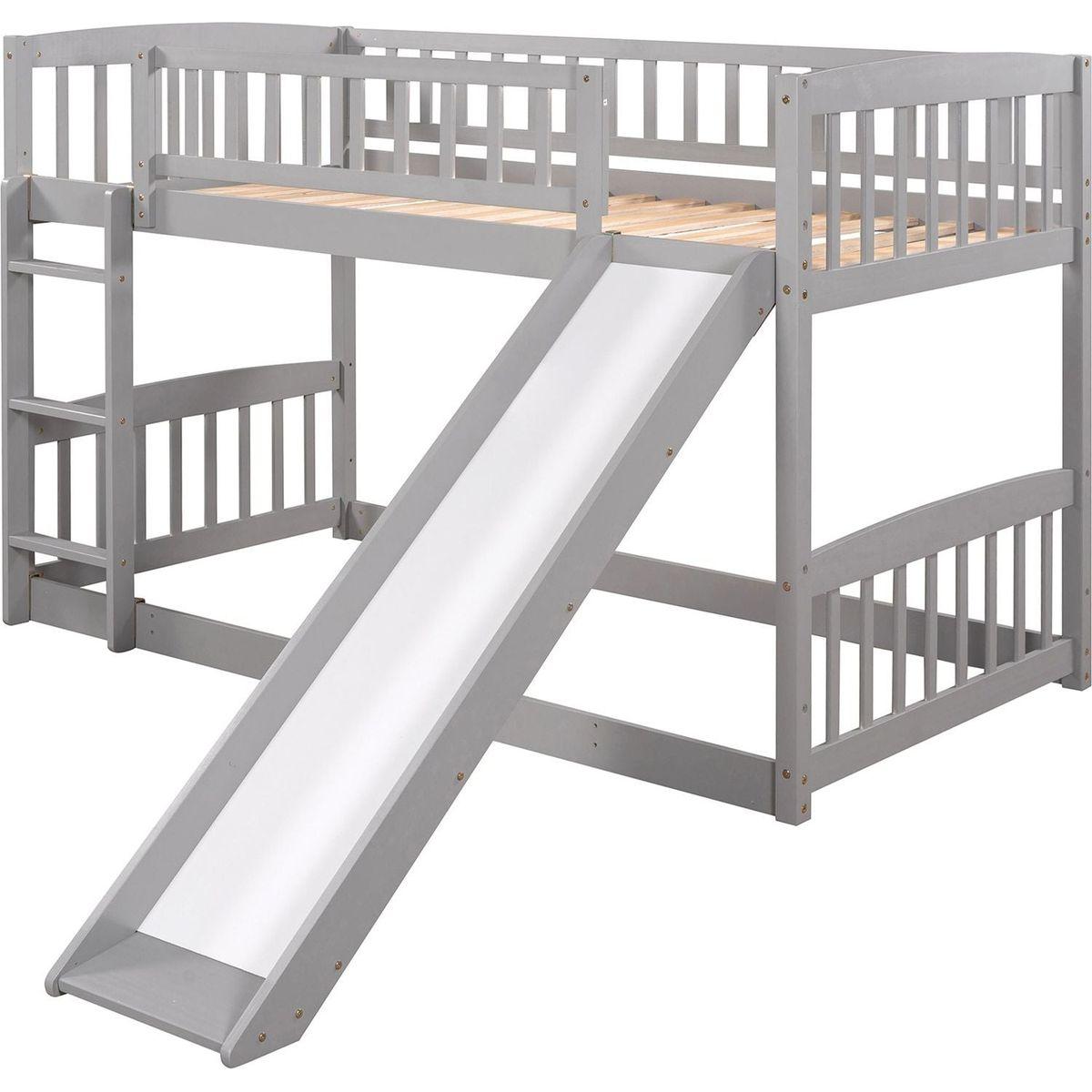 Bunk Bed with Slide,Twin Over Twin Low Bunk Bed with Fence and Ladder for Toddler Kids Teens Grey