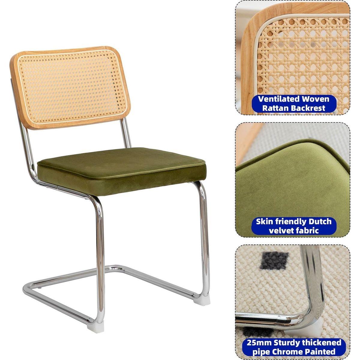 Dining Chairs Set of 2, Velvet Rattan Side Accent Chairs with Chrome Legs, Modern Mid Century Breuer Designed Chairs, Upholstered Dining Living Room Kitchen Chairs (Olive Green-2pcs)