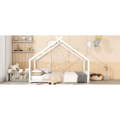 Full Size Metal House Bed, White