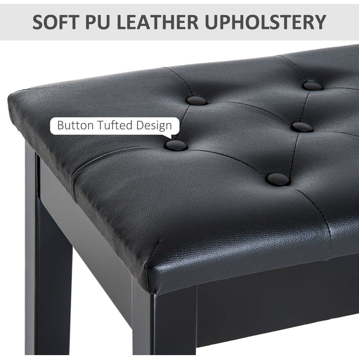 Piano Bench, Duet Piano Chair with Faux Leather Padded Cushion and Wooden Frame, Button Tufted Keyboard Bench, Black