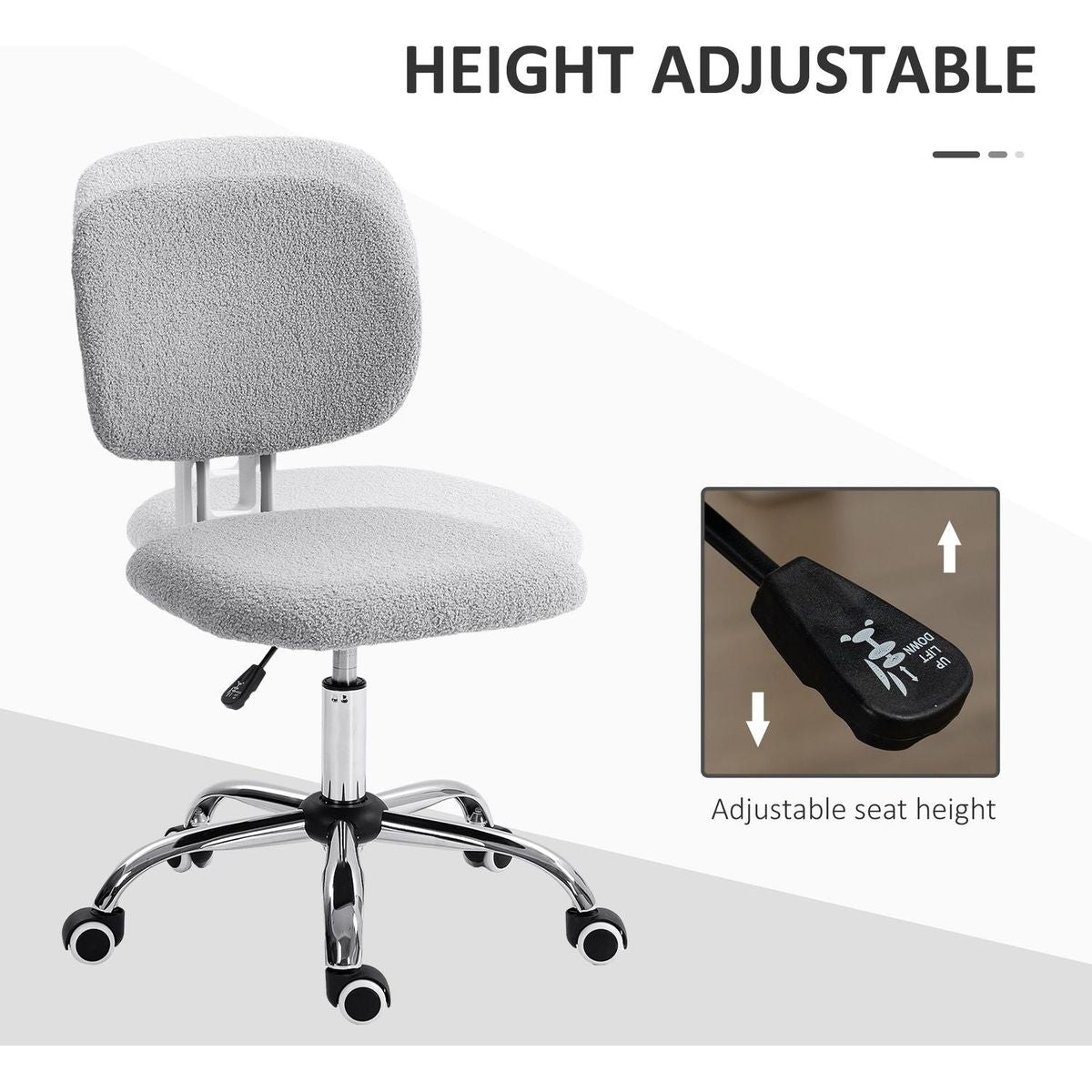 Vinsetto Cute Armless Office Chair, Teddy Fleece Fabric Computer Desk Chair, Vanity Task Chair with Adjustable Height, Swivel Wheels, Mid Back, Light Gray