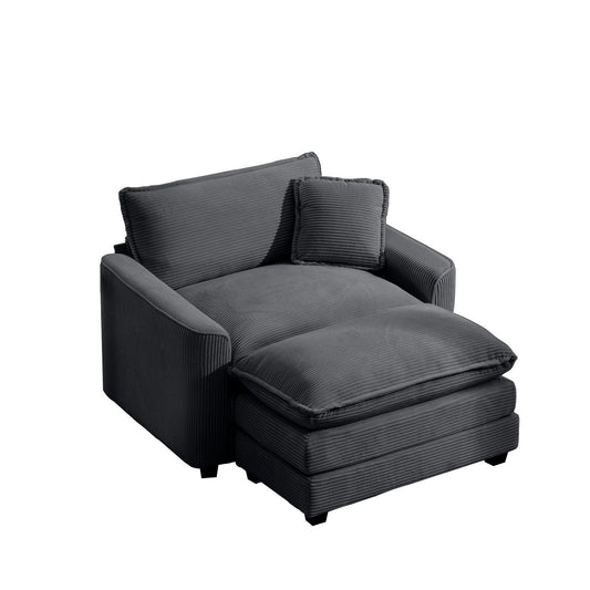 Classic Modern Deep Seat Sofa with Footstool and Pillow, Grey Corduroy, Living Room & Bedroom