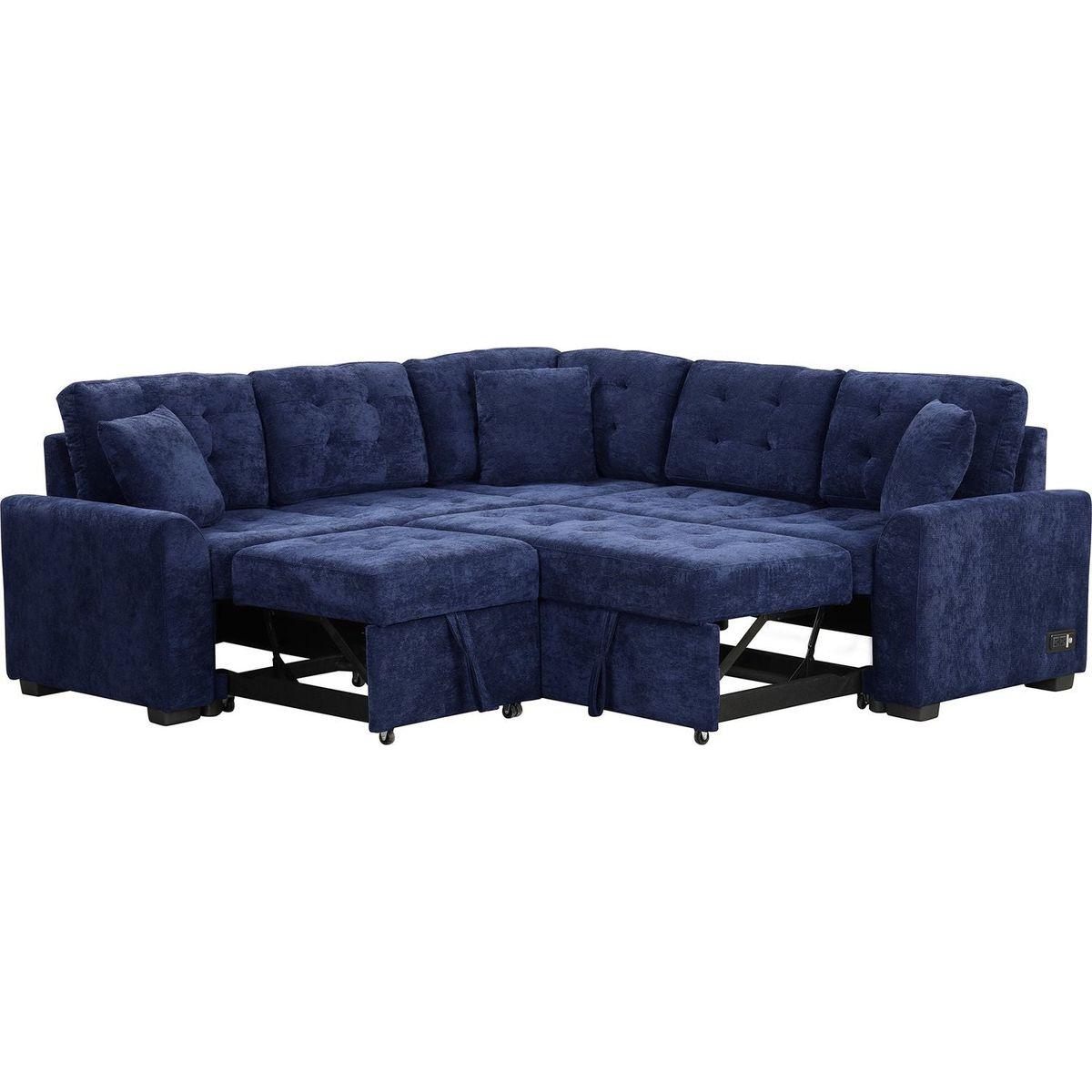 82.6" L-shape Sofa Bed Pull-out Sleeper Sofa with Wheels, USB Ports, Power Sockets for Living Room, Navy Blue
