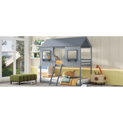 Twin Over Twin Bunk Bed Wood Bed with Roof, Window, Guardrail, Ladder (Gray)