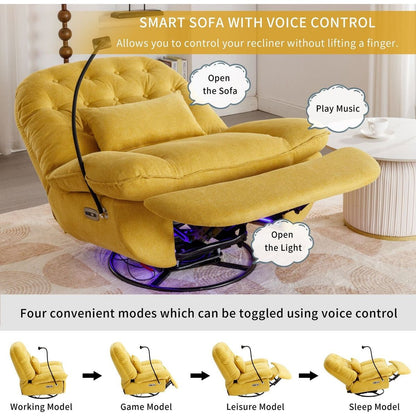 270 Degree Swivel Power Recliner with Voice Control, Bluetooth Music Player,USB Ports, Atmosphere Lamp, Hidden Arm Storage and Mobile Phone Holder for Living Room, Bedroom, Apartment, Yellow