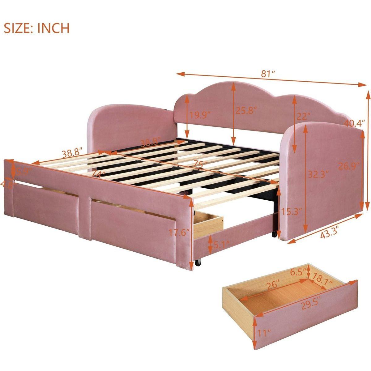 Twin Size Upholstered daybed with Cloud-Shaped Backrest, Trundle & 2 Drawers and USB Ports, Pink