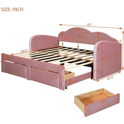 Twin Size Upholstered daybed with Cloud-Shaped Backrest, Trundle & 2 Drawers and USB Ports, Pink