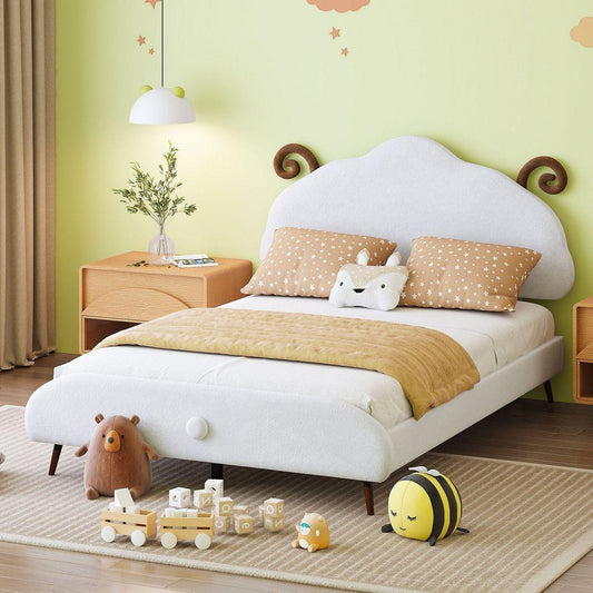 Full Size Upholstered Platform Bed with Sheep-Shaped Headboard, White