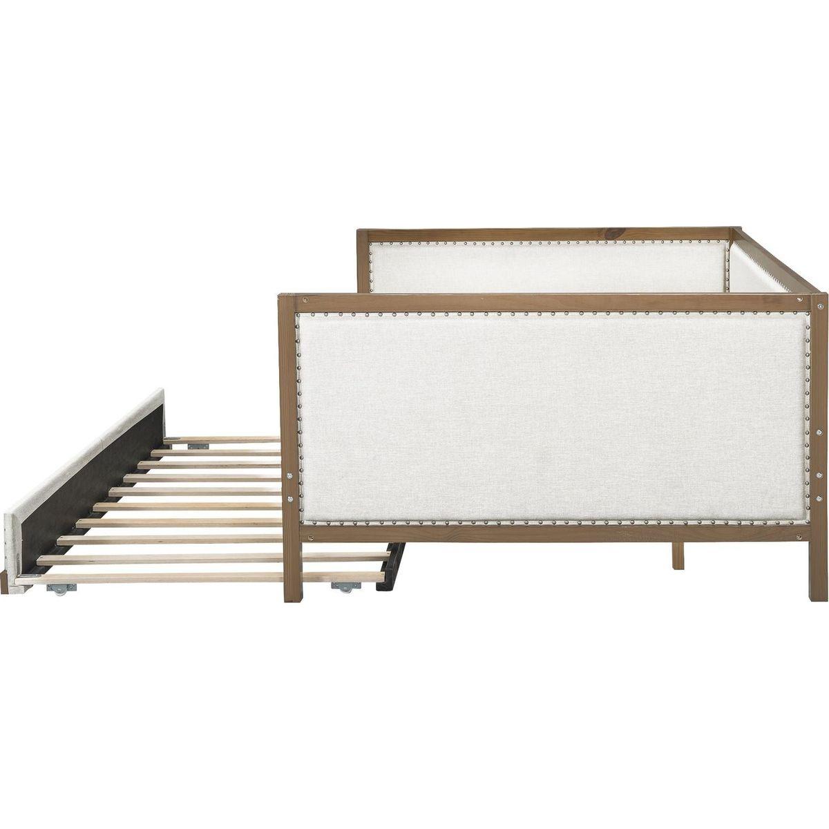 Full Size Upholstered Daybed with Trundle and Nailhead Decoration, Wood Color