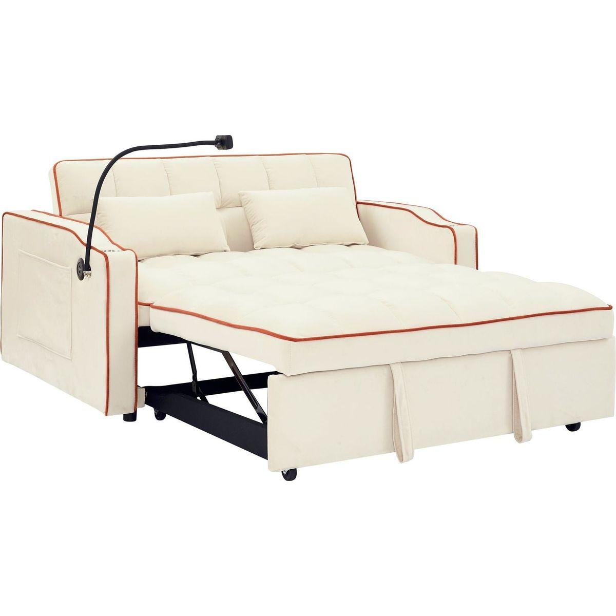 55.51 inch versatile foldable sofa bed in 3 lengths, modern sofa sofa sofa velvet pull-out bed, adjustable back and with USB port and ashtray and swivel phone stand (Beige)