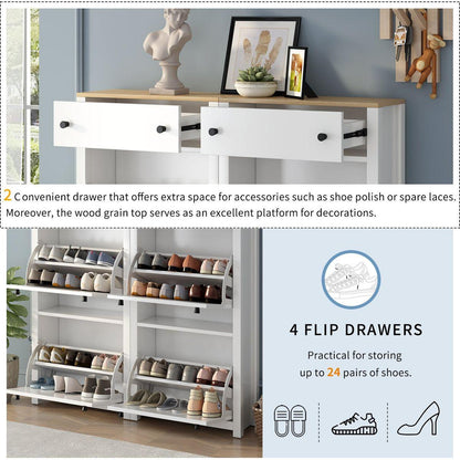 Slim Shoe Cabinet Set with 4 Flip Drawers, Wood Grain Pattern Top Shoe Storage Solution with Adjustable Panel, Modern Style Shoe Rack with Drawers for Hallway, White
