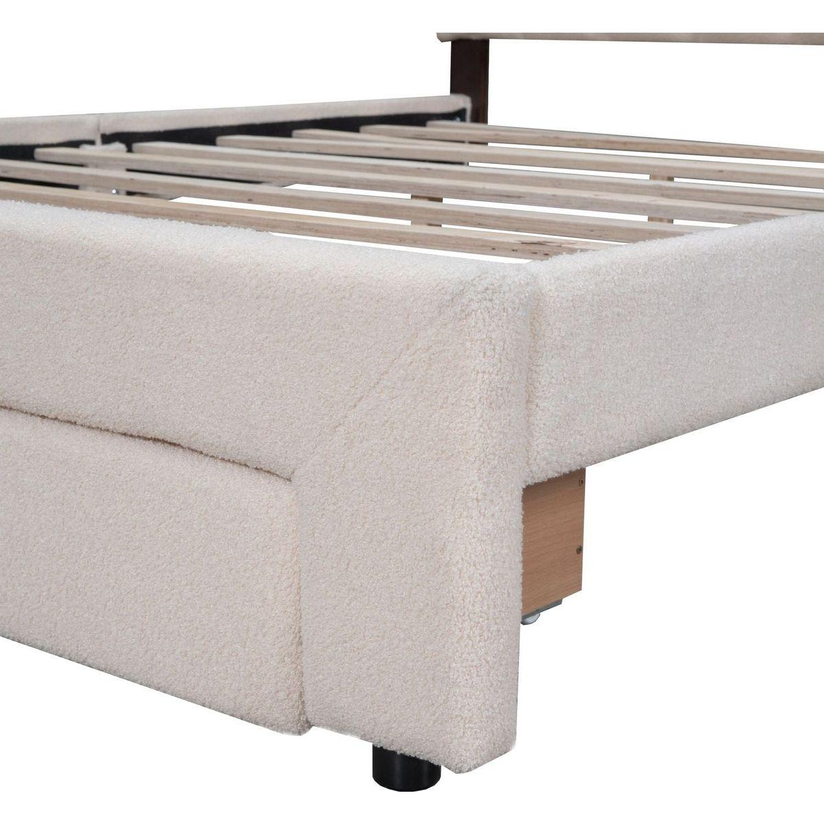 Teddy Fleece Queen Size Upholstered Platform Bed with Drawer, Beige