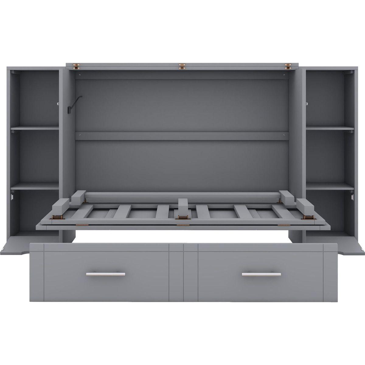 Full Size Murphy Bed with Shelves, Drawers and USB Ports,Gray