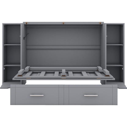 Full Size Murphy Bed with Shelves, Drawers and USB Ports,Gray