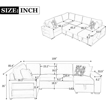 109" U-shaped Sectional Sofa Pull-out Sofa Bed with Two USB Ports, a Storage Chaise Lounge and Four Back Pillows for Living Room, Beige