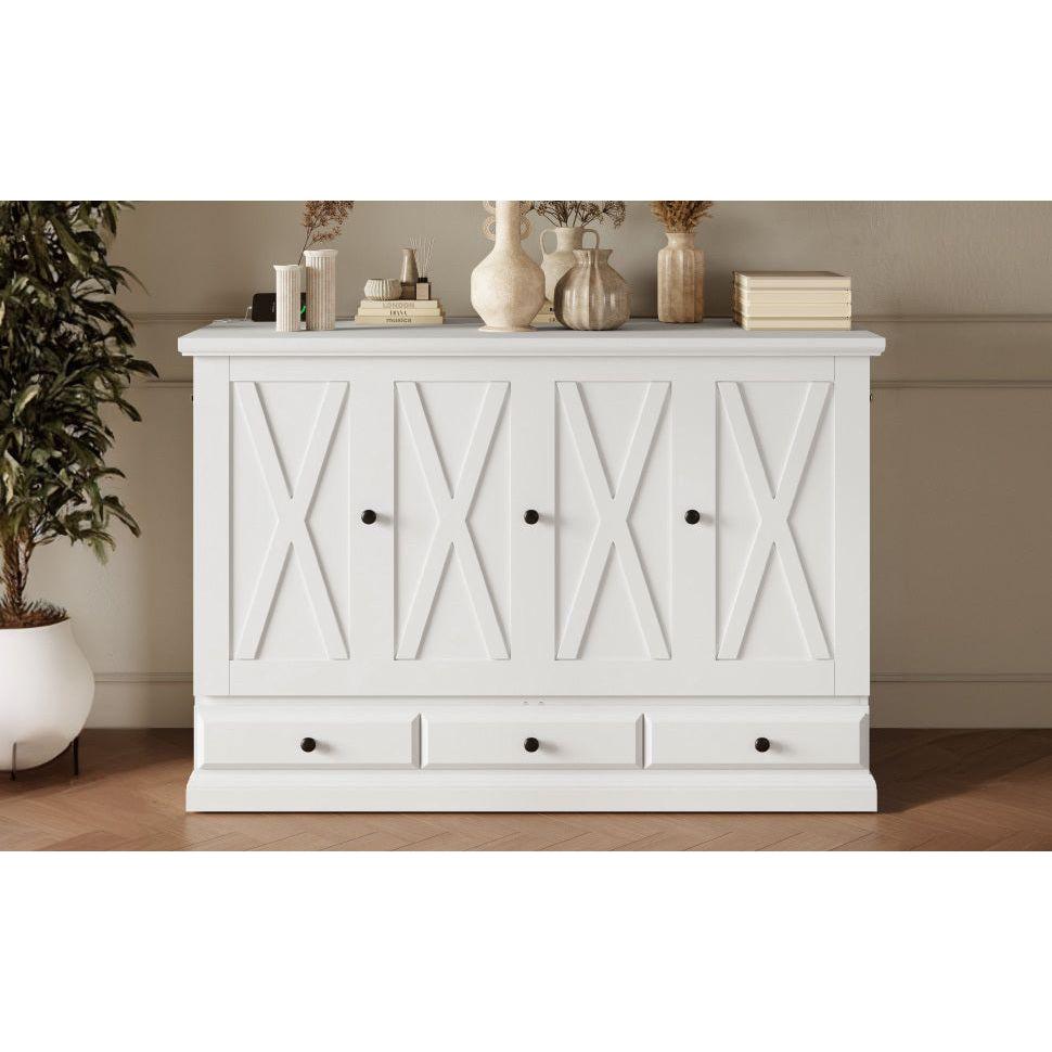 Solid Pine Murphy Bed Chest Cube Cabinet Bed with Charging Station and Large Storage Drawer for Home Office or Small Room,Full,White