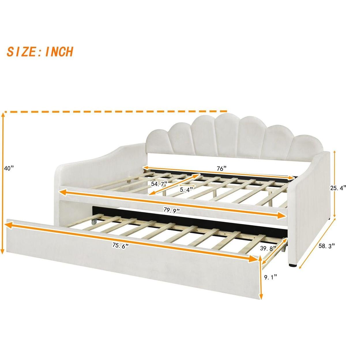 Full Size Upholstery Daybed Frame with Shall Shaped Backrest and Trundle,Beige