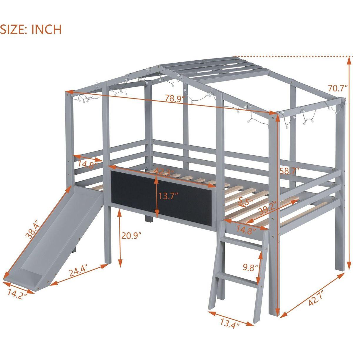 Twin Size Loft Bed with Ladder and Slide, House Bed with Blackboard and Light Strip on the Roof, Gray