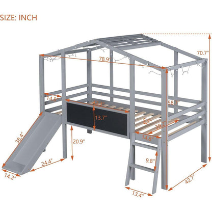 Twin Size Loft Bed with Ladder and Slide, House Bed with Blackboard and Light Strip on the Roof, Gray