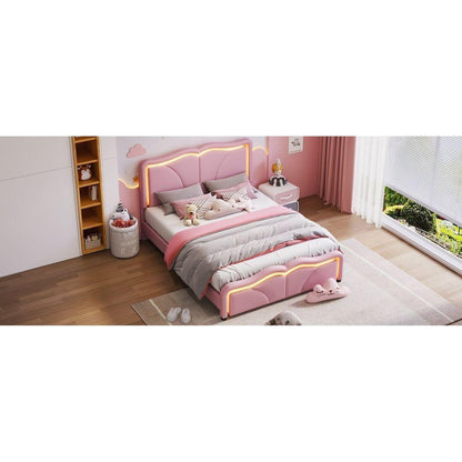 Full Size Upholstered Platform Bed with Curve Shaped and Height-adjustbale Headboard,LED Light Strips,Pink