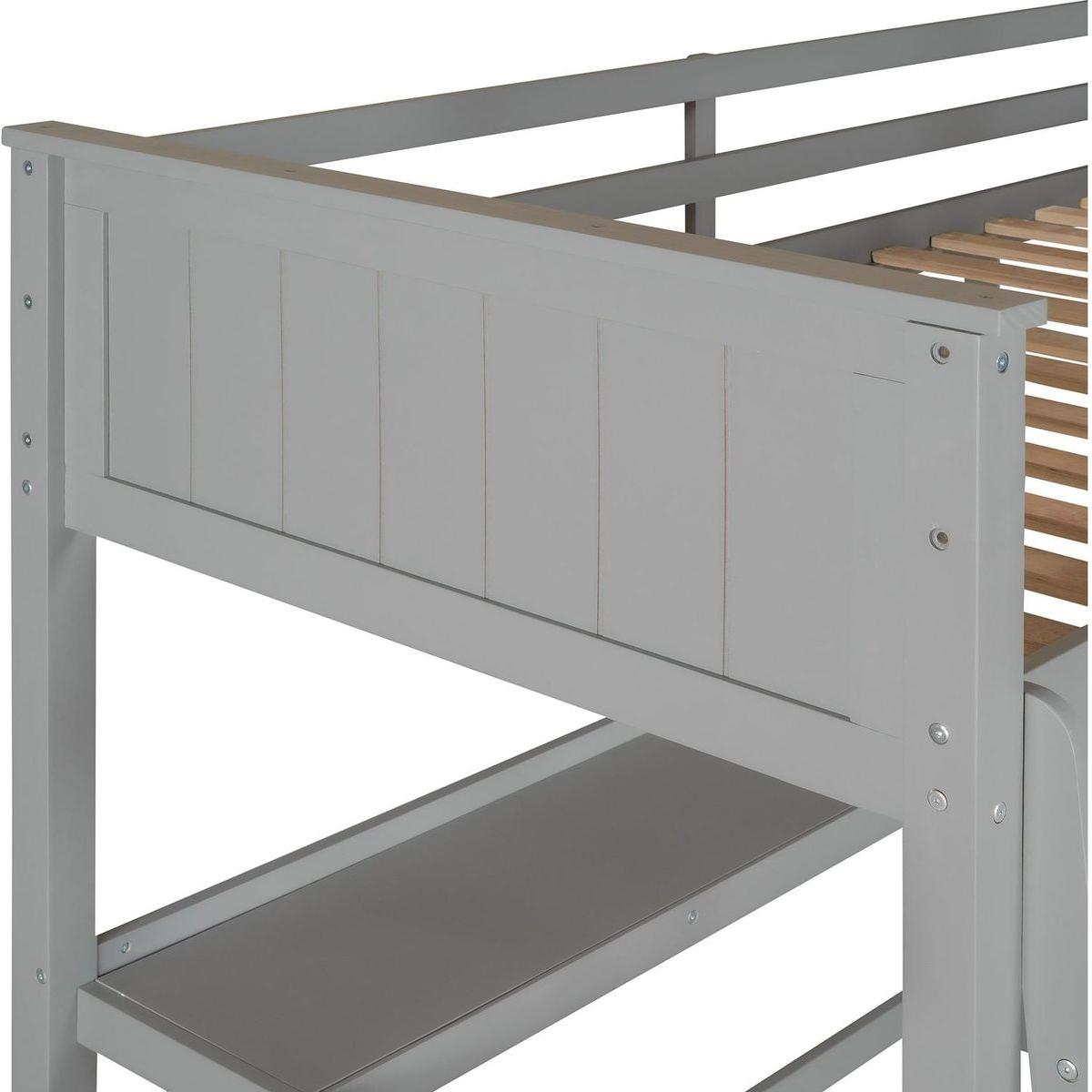 Twin size Loft Bed with Drawers and Desk, Wooden Loft Bed with Shelves - Gray