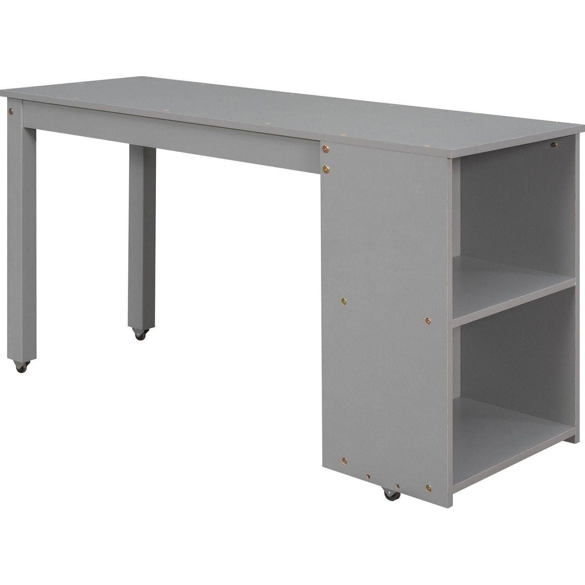 Low Study Full Loft Bed with Cabinet, Shelves and Rolling Portable Desk, Multiple Functions Bed- Gray