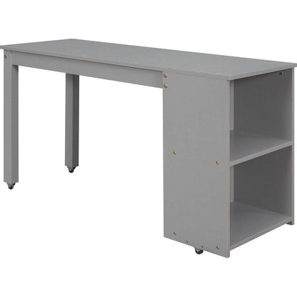 Low Study Full Loft Bed with Cabinet, Shelves and Rolling Portable Desk, Multiple Functions Bed- Gray